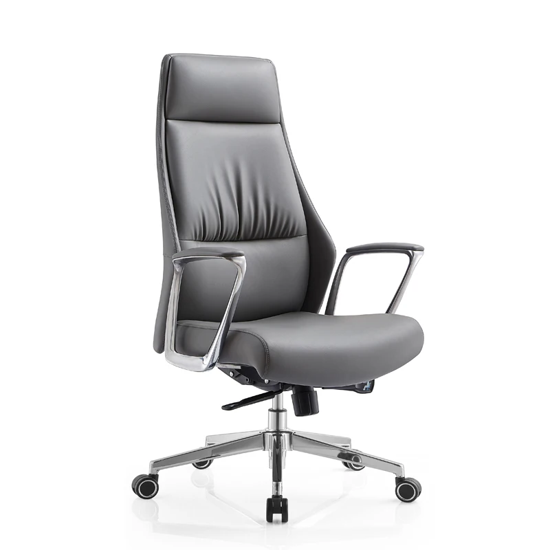 Grey high back leather office chair with chrome handrail modern design pu leather chair office