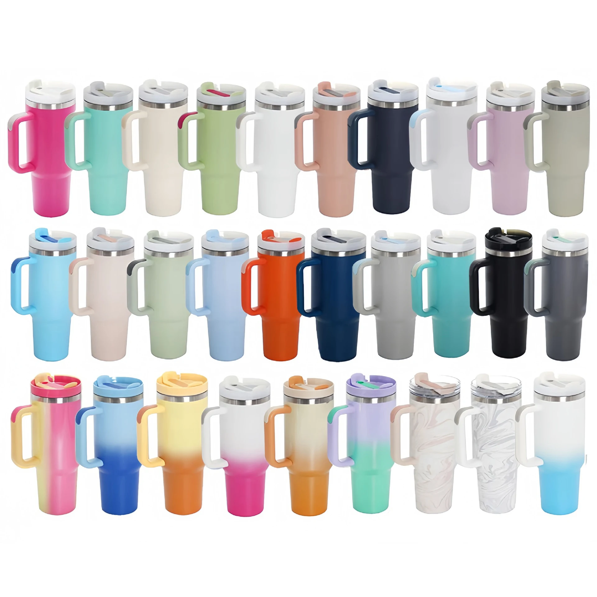 40 oz Custom Logo Stainless Travel Mug with Handle Lid and Straw-40oz Tumbler Cup for Coffee and Water Glass Bottle