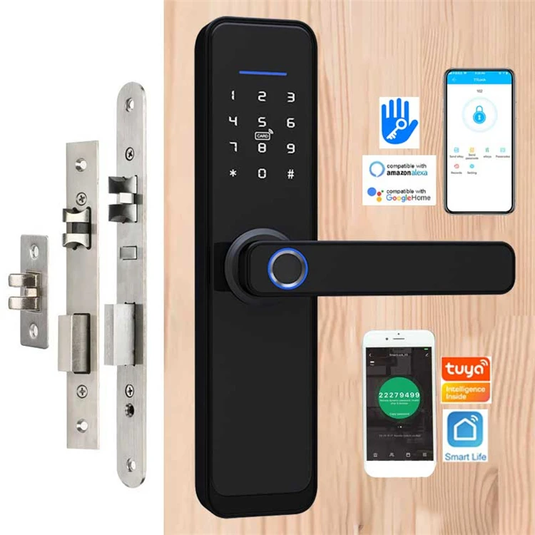 Wooden Door finger print lock biometric password electric door lock Me card with tuya ttlock smart door lock