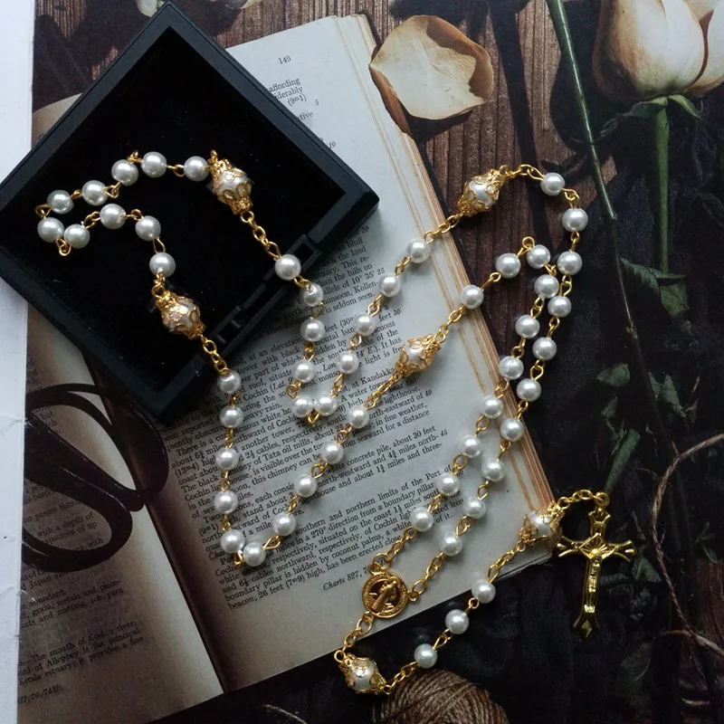 Religion Christ Pearl Jewelry Catholic Prayer Bead Necklace Cross Catolicos Mayor Muslim Rosary