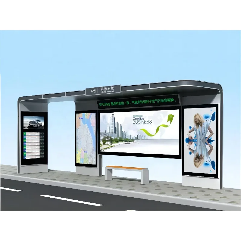 Outdoor Waterproof Advertising Light Box Bus Station Modern Galvanized Steel Smart Bus Shelter With Waiting Bench