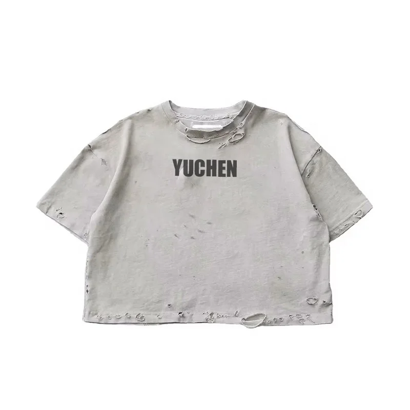 Streetwear Heavyweight Cut n Sew French Terry Oversized Vintage Tee Custom Boxy Cropped Dirty Wash Distressed Rip T Shirt Men