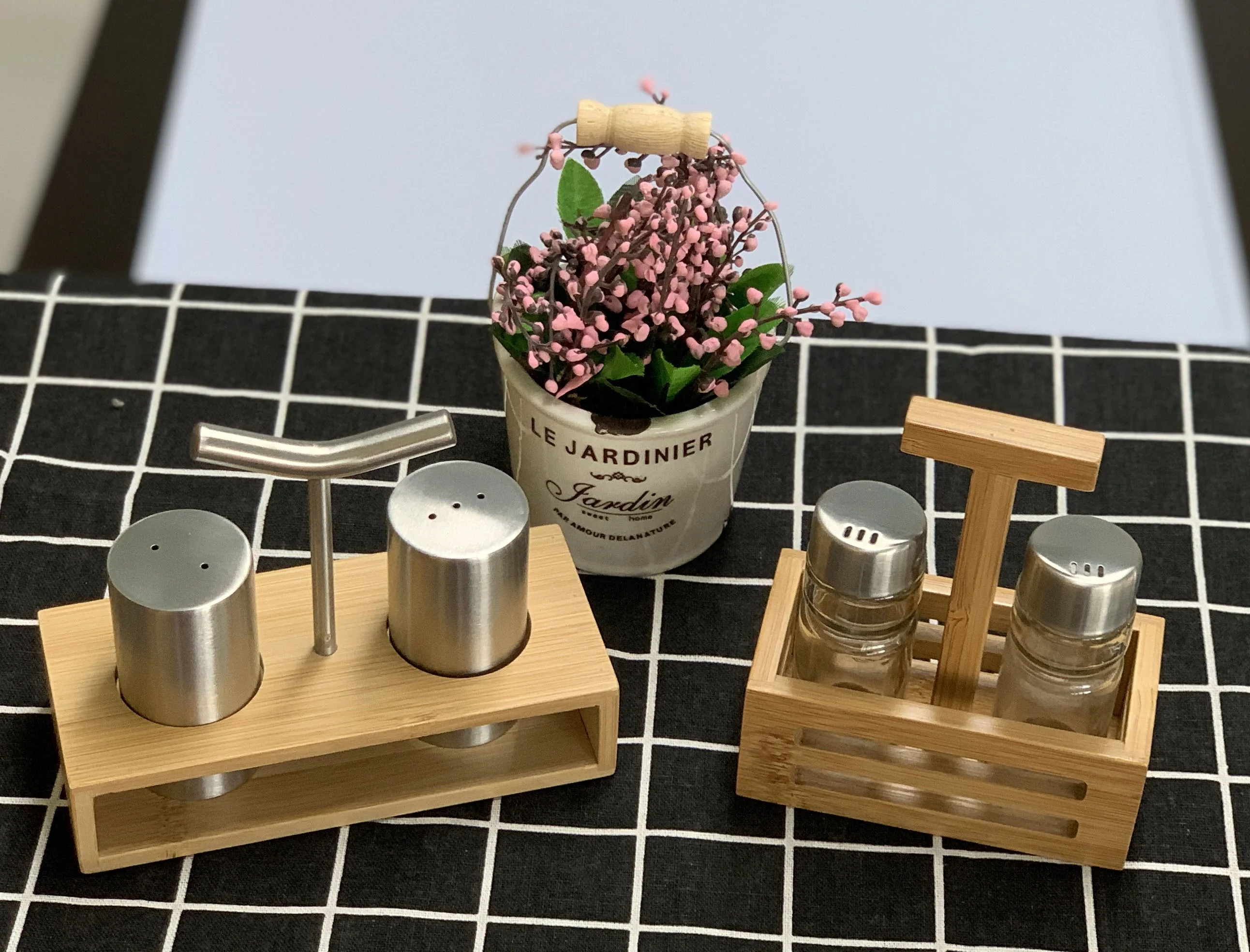 Bamboo holder with stainless steel salt and pepper jar