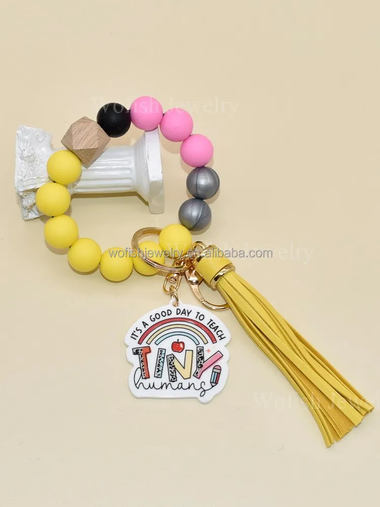 Wofish Designs Silicone Pencil Colors Beaded With IT IS GOOD DAY TO TEACH TNIY Disc Charm Wristlet Bracelet Keychain For Teacher