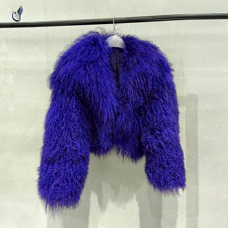 Wholesale Supply Winter Warm Fluffy Real Fur Coat Ladies Cropped Real Mongolian Sheep Fur Jacket