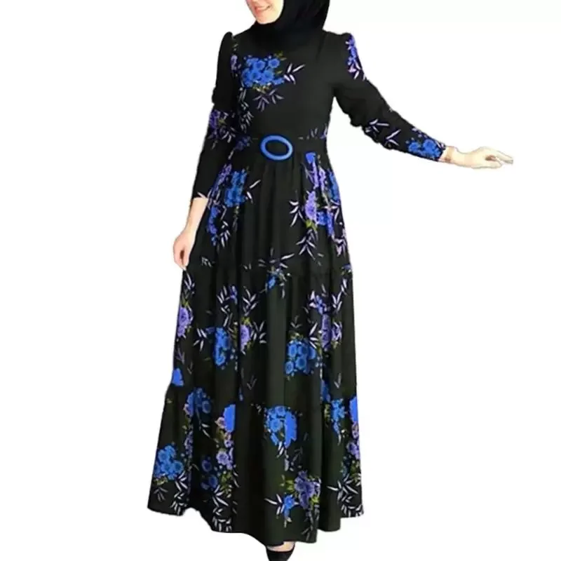 Casual Dresses Muslim Abaya Dress Plus Size Fashion Long Sleeve Elegant Ethnic Floral Print Belt Vintage Maxi Kaftan Robe