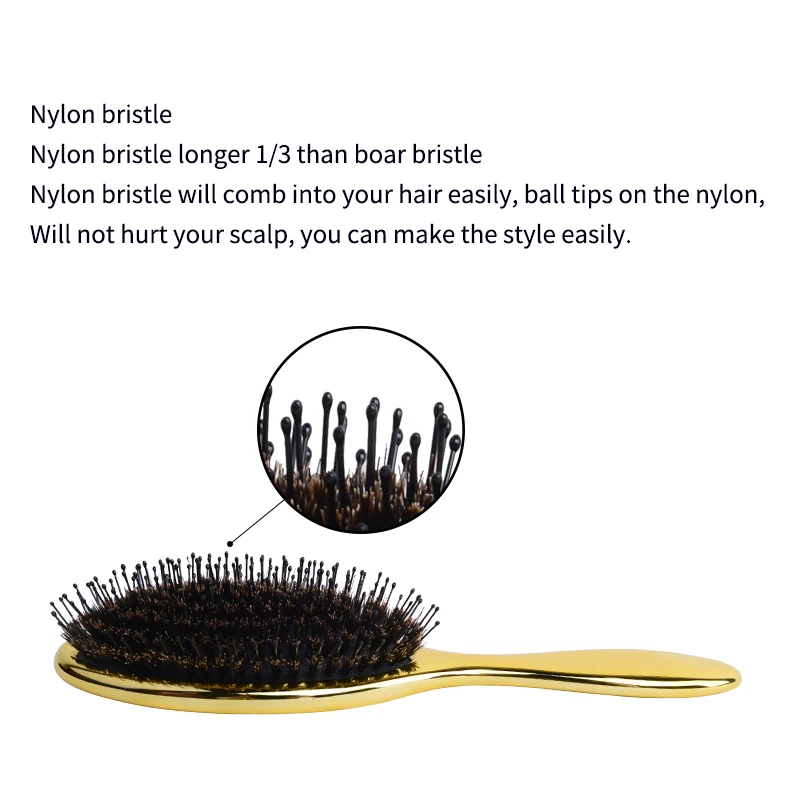 Luxury Gold And Silver Color Boar Bristle Paddle Oval Hair Brush Anti Static Hair Massage hair extension brush and comb
