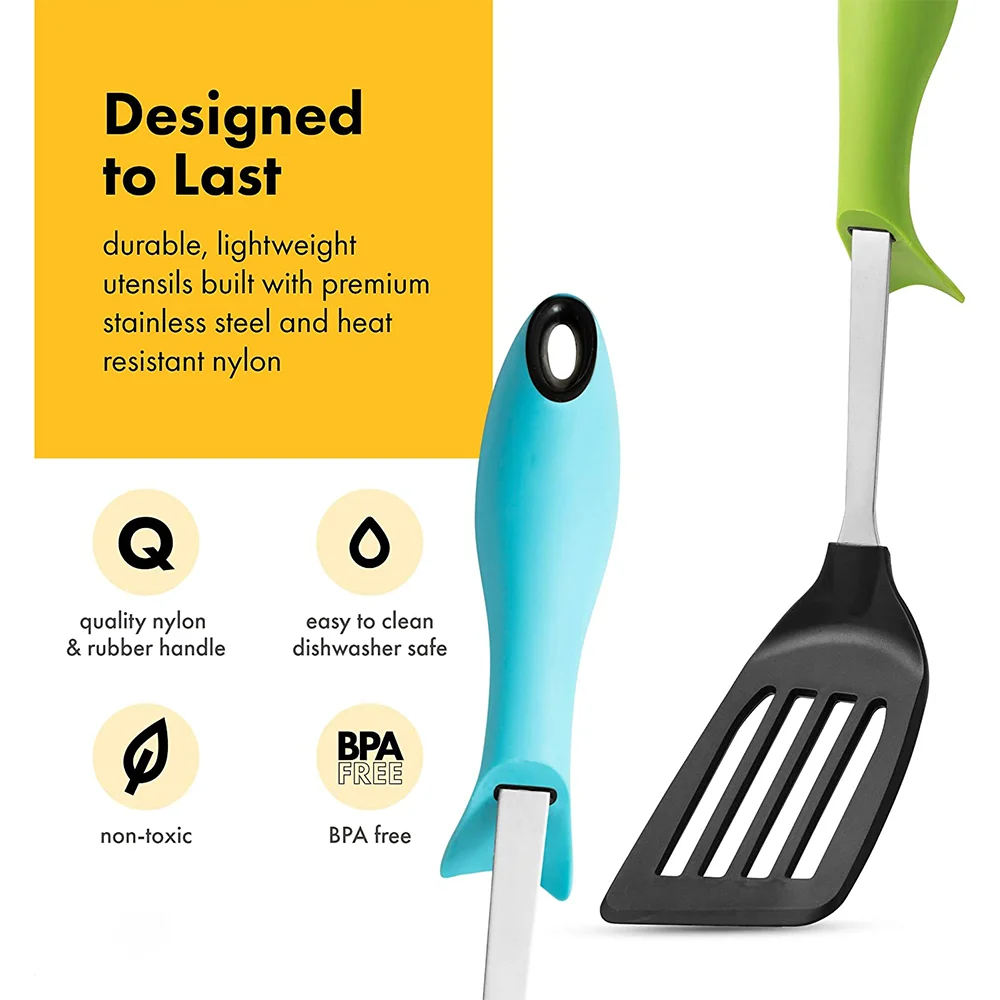 Custom Colourful household Kitchen Cooking stuff chinese innovative premium nylon utensils set for rack camping cookware