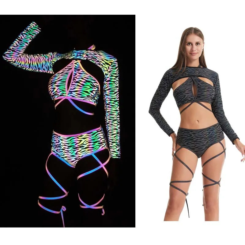 New zebra Pattern Design Printed Cute rainbow Reflective Women Female Cross Strap Crossover Halter Bottom Bikini Split Swimsuit