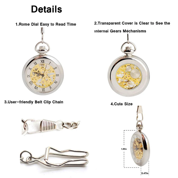 Luxury Silver Skeleton Mechanical Hand-winding Mens Pocket Watch with FOB Chain Hot Smooth Steel Women Unisex Pocket Watch
