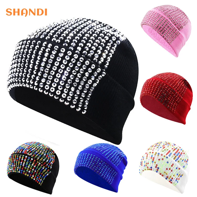Punk Styles Winter Acrylic Knitted Hat Unisex Fashion Full Rhinestone Warm Beanie Hat