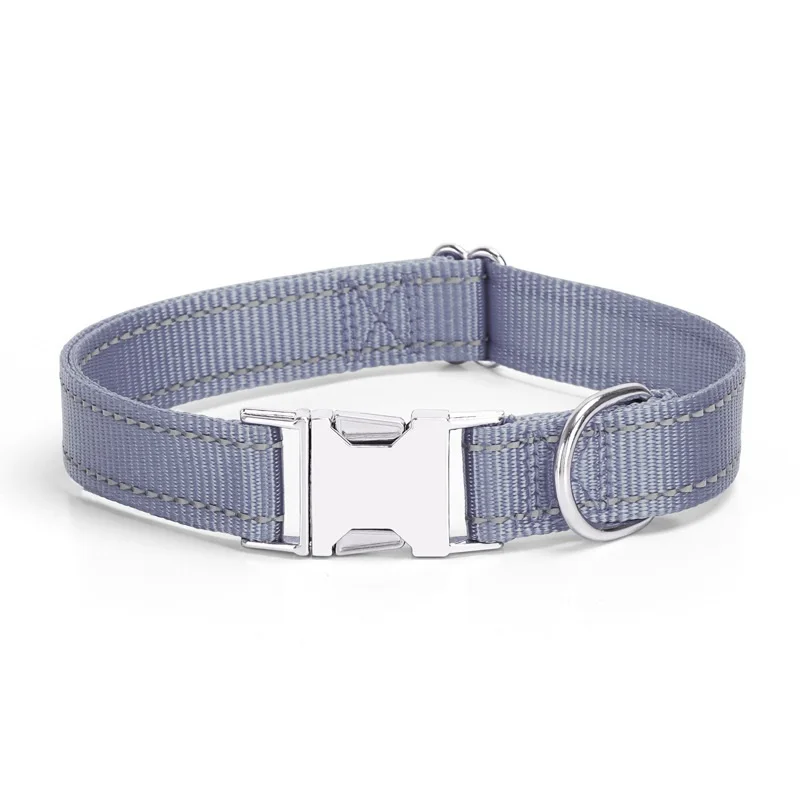 Nylon Reflective Dog Collar Solid Color Engravable Metal Buckle Outdoor Walking Collar Pet Accessories Supplies