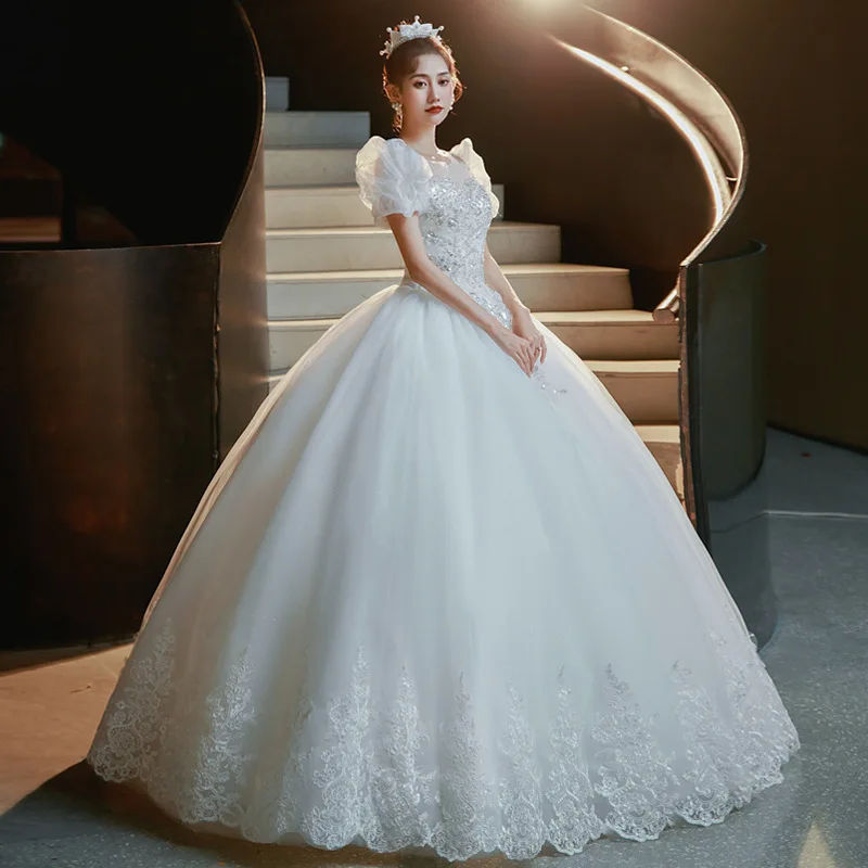 ZX-938 Bride Bubble Sleeves Embroidered Lace A Line Floor Length Wedding Dress Beaded Tulle Bridal Gown