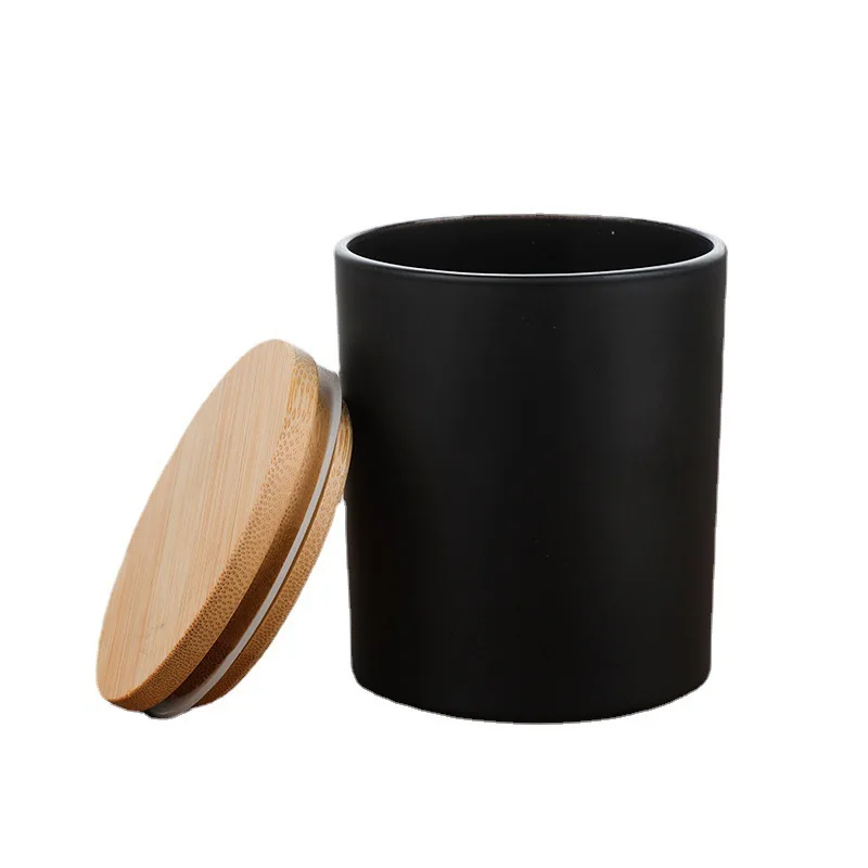 300ml matte black glass candle jar with natural color wood bamboo metal lid