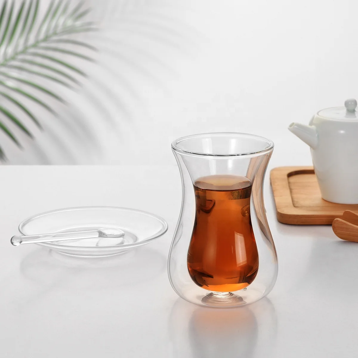 Saucer with glass spoon coffee cup set insulated double tumbler clear small Turkish teacup for home use