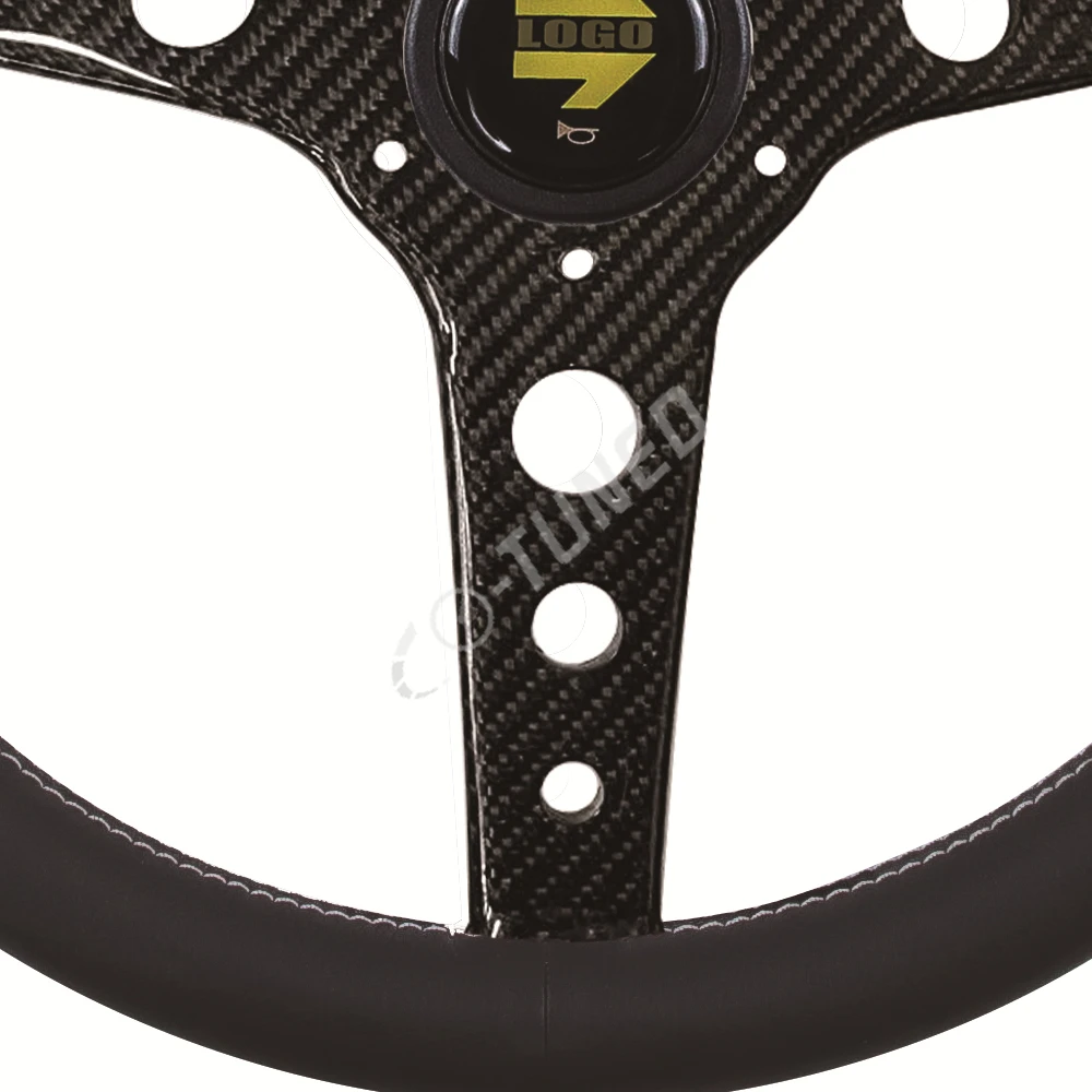 345mm/13.58inch JDM Racing Prototipo Style 6-Bolt Carbon Fiber Spoke Black Leather Steering Wheel With Logo Horn Button