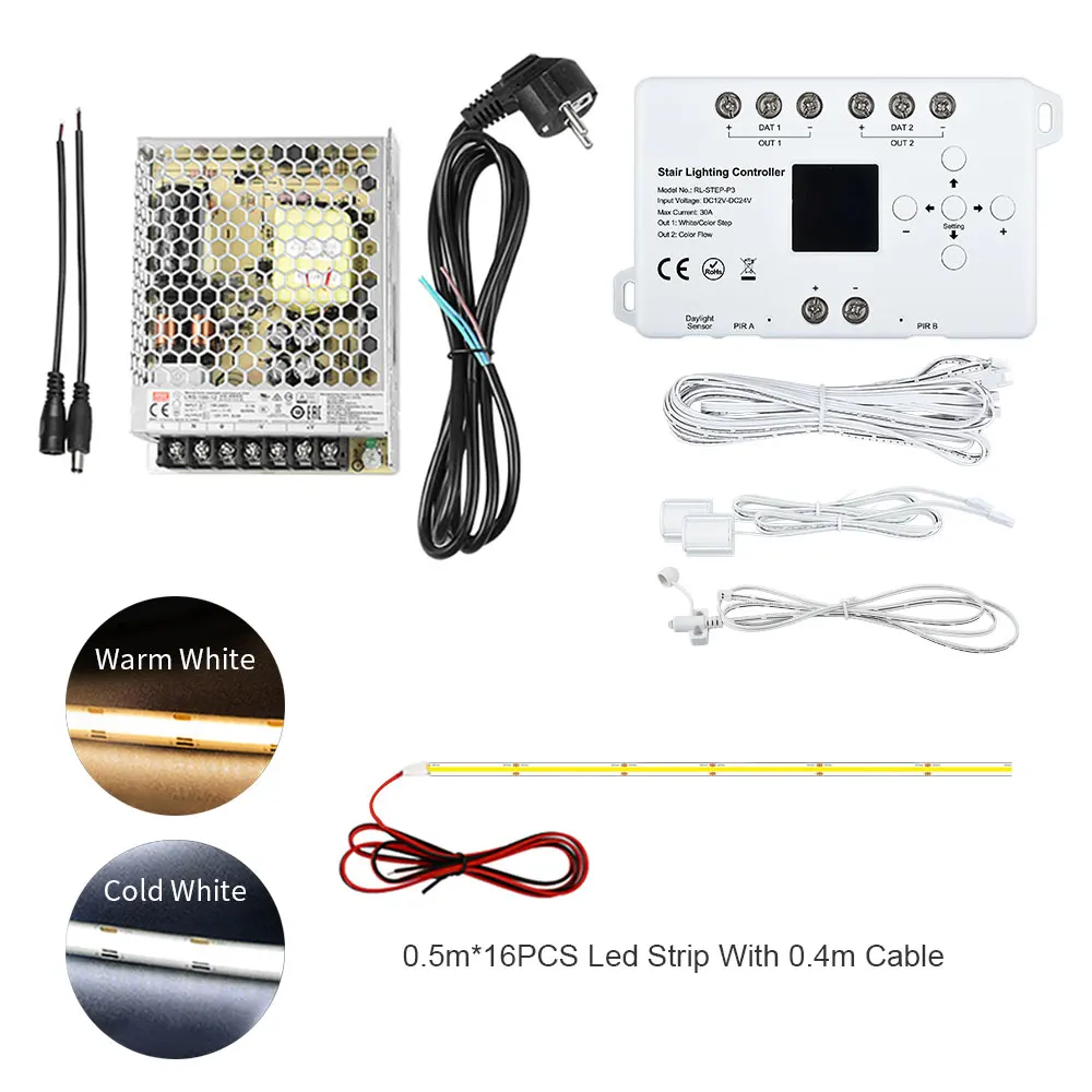 STEP-P3 Main Cable 16 20 Step Stair Lighting Controller Set with Power Supply White Led Strips Pixel LED Strip Motion Sensor PIR