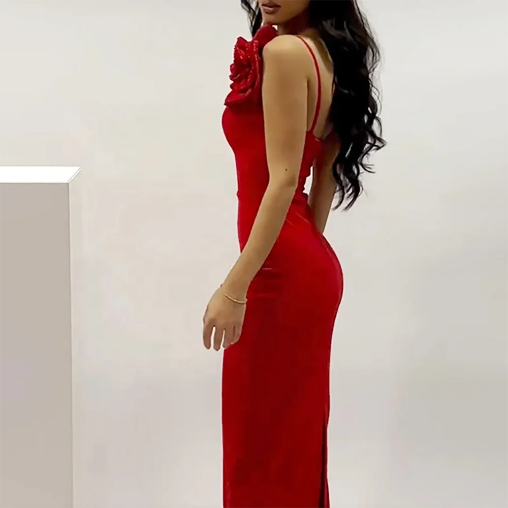 Sexy One Shoulder Diamonds Flower Patchwork Maxi Dress Women Red Florals Backless V Neck Bodycon Long Dresses Evening Party