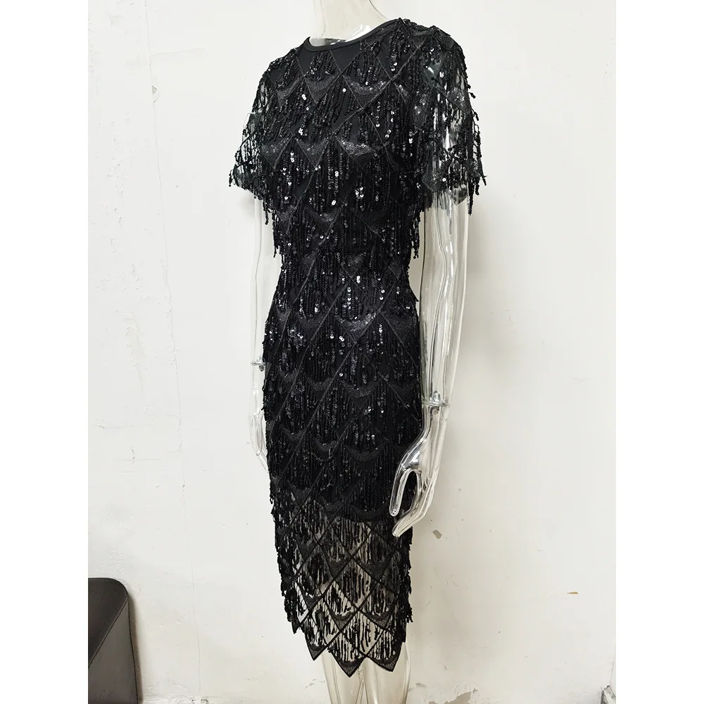 2021 Luxury High Quality Temperament Sexy Short Sleeve Black Tassel Sequins Formal Elegant Evening Dress