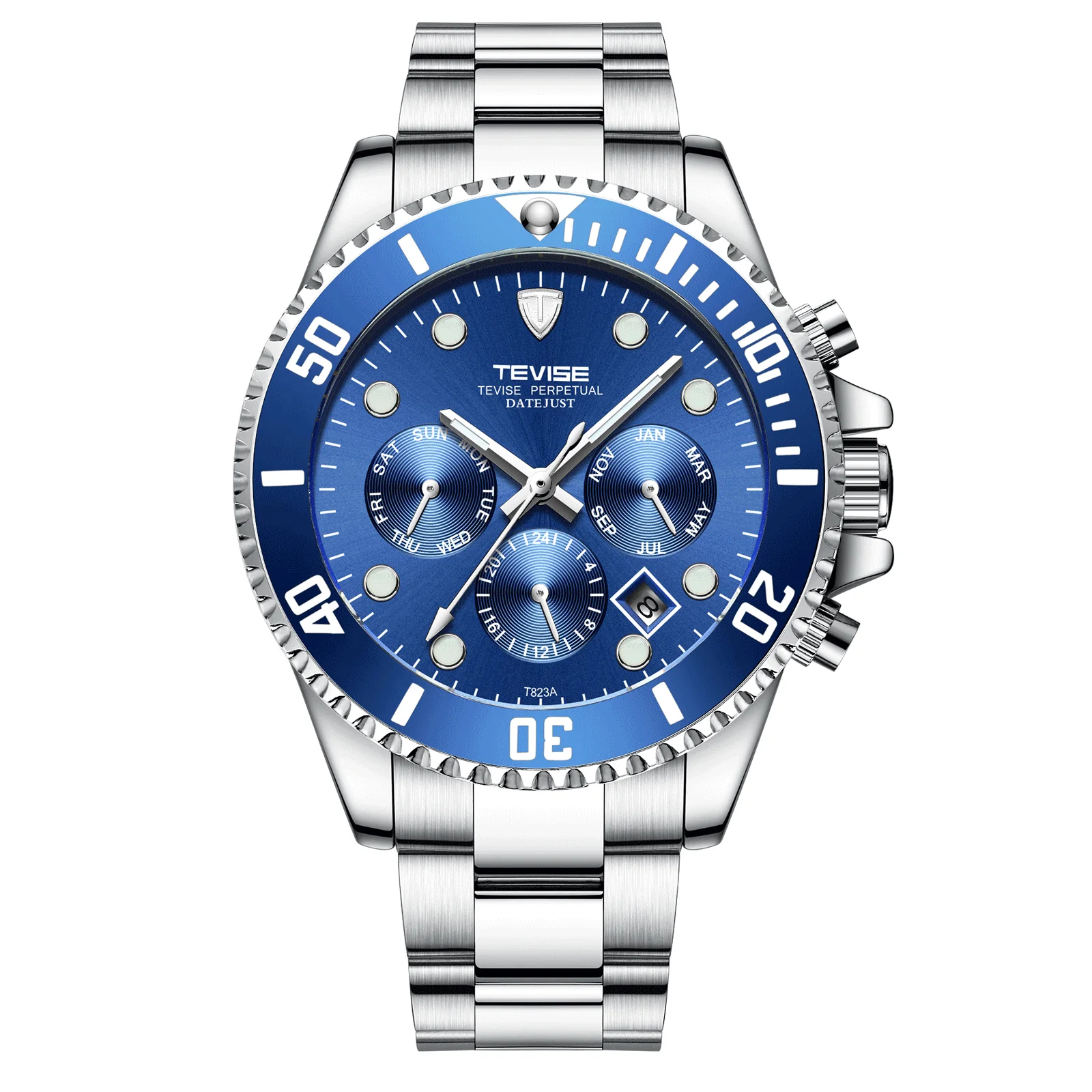 Tevise 823 casual mens watches classic  green blue stainless steel band hand watches