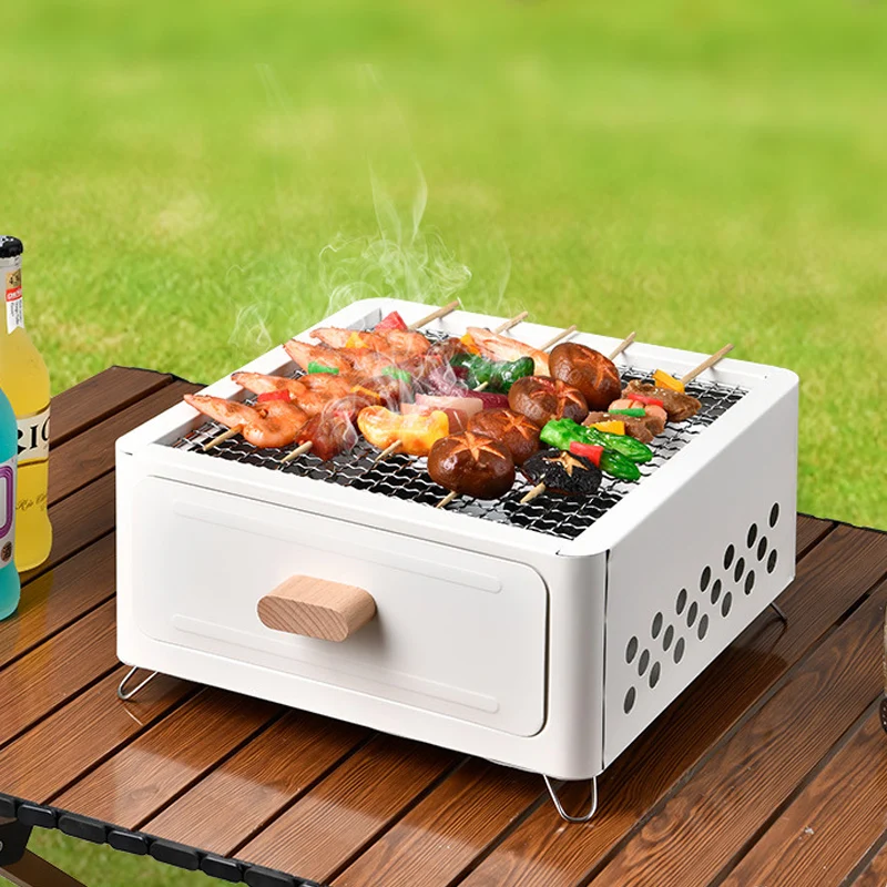 Portable Square Camping Barbecue Grill With Drawer Type Charcoal Brazier