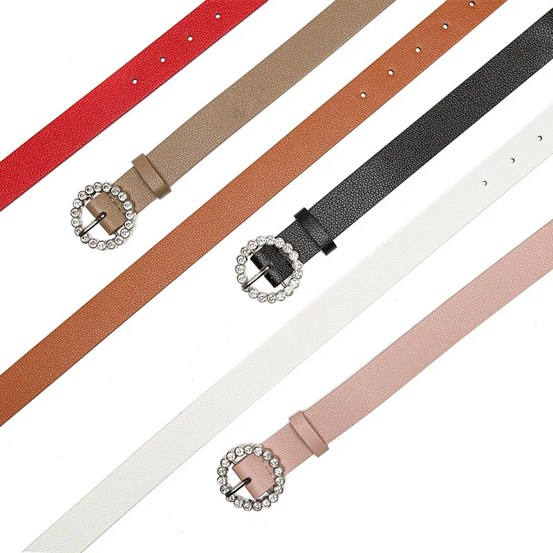 RS295 New Ladies Belt Elegant Texture Belt Women Pu Round Japanese Buckle Inlaid Brick Belt