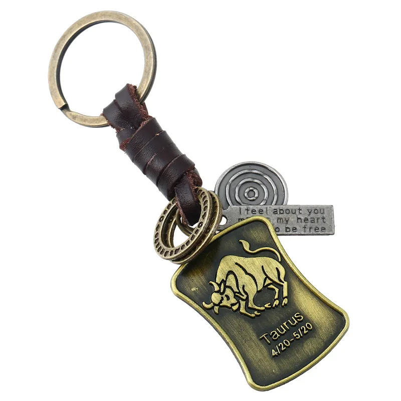 Metal Key Chains Gift Ideas Women Men 12 Constellations Zodiac Symbol Leather Horoscope Key Rings Astrology Present Bag charms
