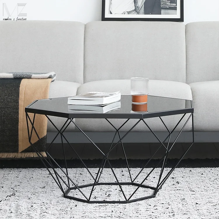 Modern Living Room Octagon Diamond Marble Top Gold Metal Frame Wired Center Coffee Table