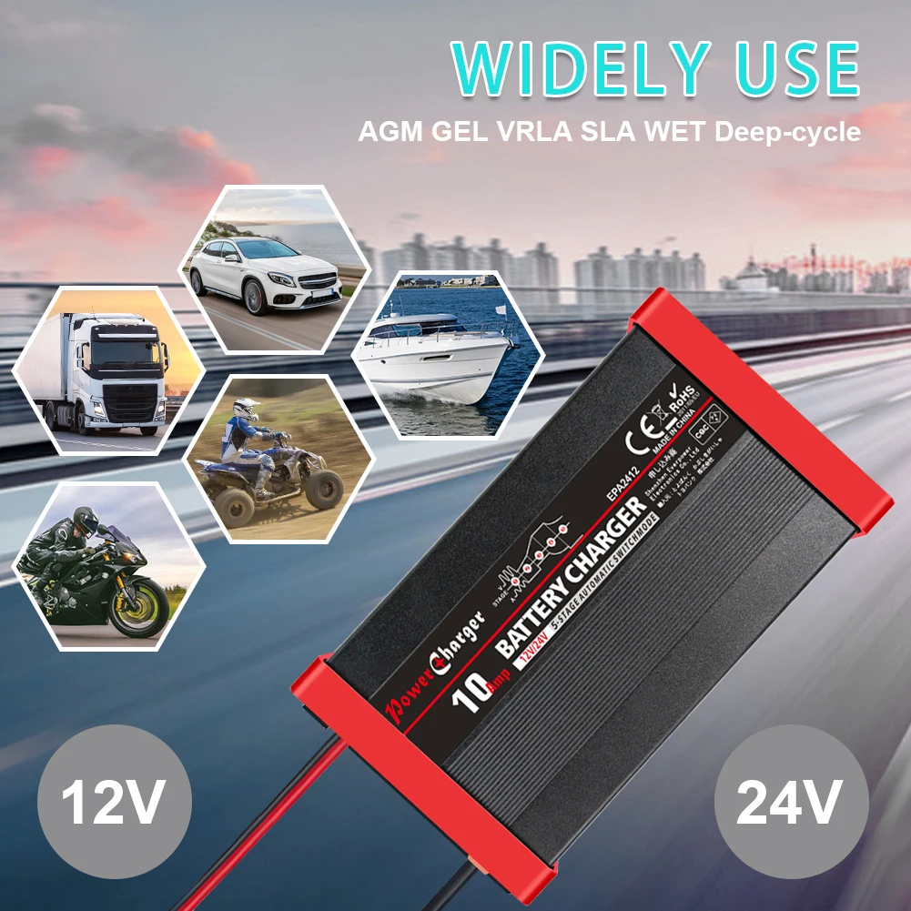 12/24V 10Amp Auto 5 stage  GEL AGM WET battery charger 12v 24v smart car battery charger