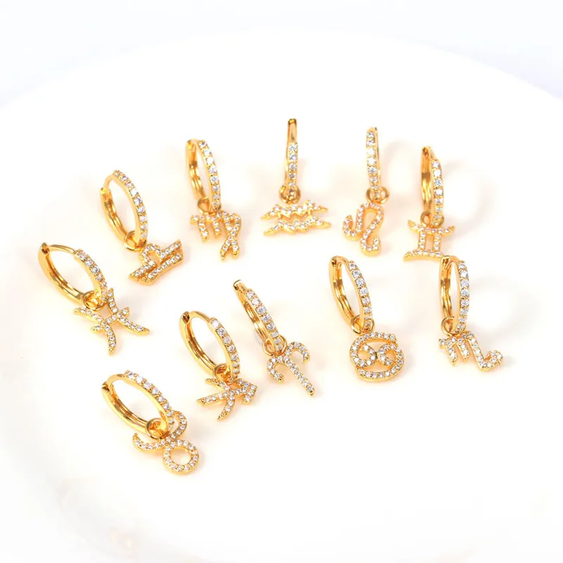 Хит продаж, милый маленький ювелирные побрякушки, кубический цирконий, 18k, покрыты золотом, мини-обручи зодиака серьги