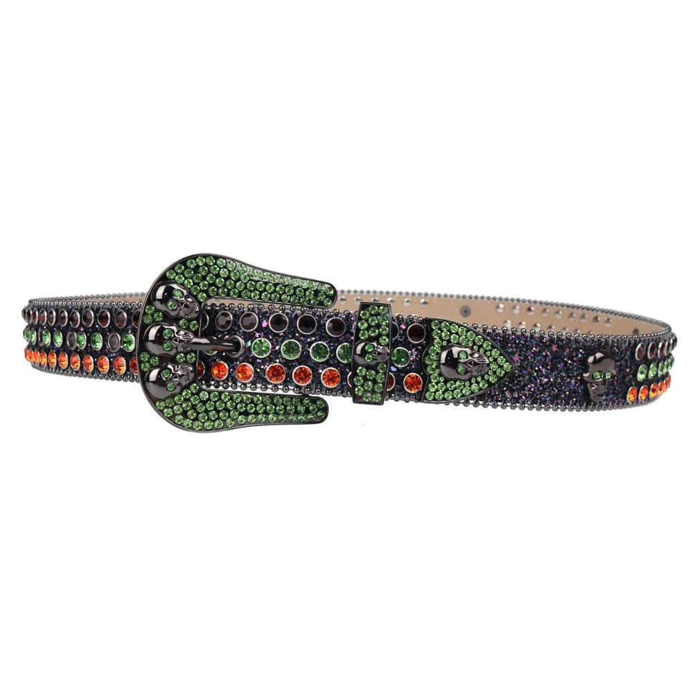 Cowboy&Cowgirl High-Key Colorful Bling Crystal Skull Belt Rhinestone Y2K With Green and Orange