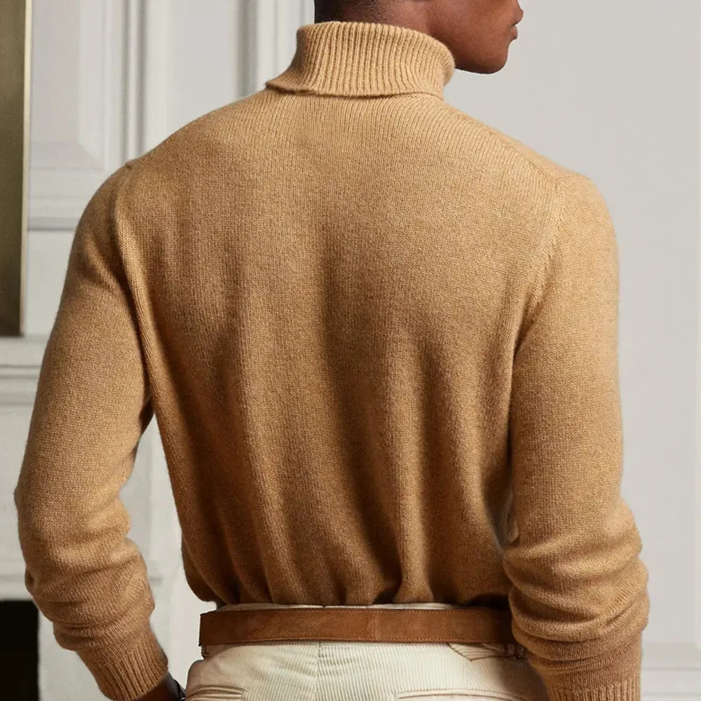 Custom LOGO OEM & ODM   Mens Cashmere Sweater Long Sleeves Cashmere Pullover Brown Turtleneck Men Jumper