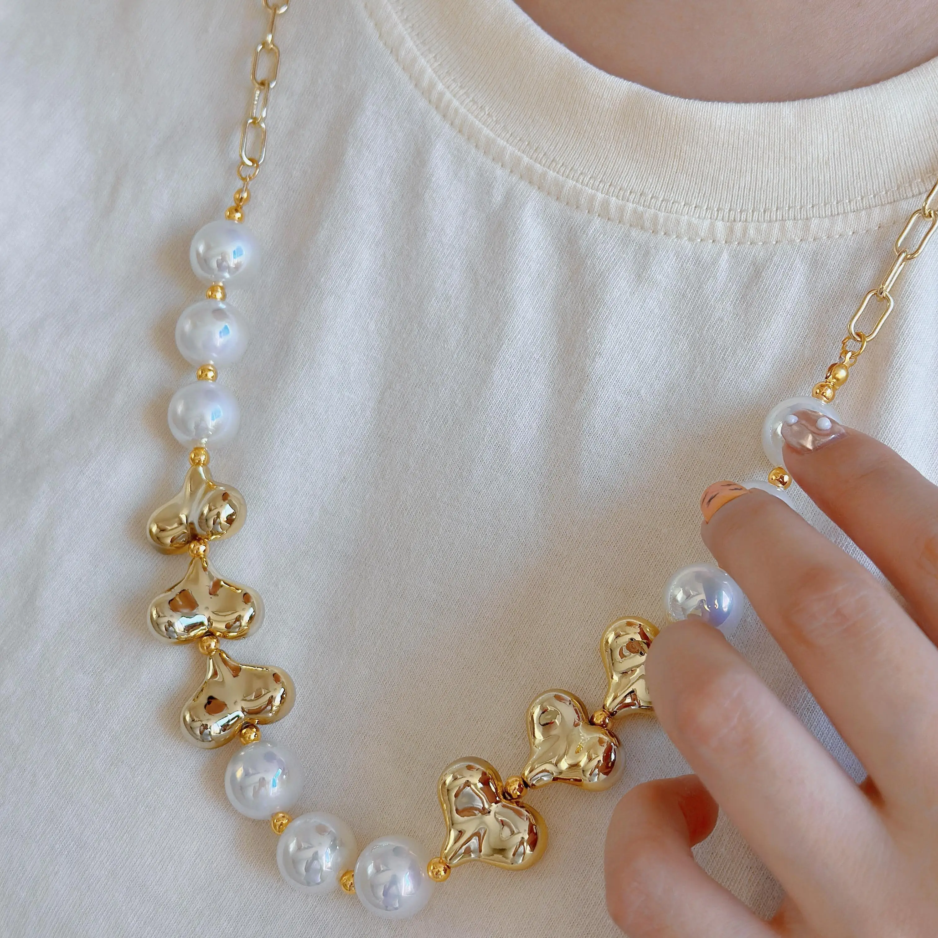 Handmade Pearl Heart Fashion Beaded Necklace 18k gold Plated No Tarnish Link Chain Jewelry Necklaces Women