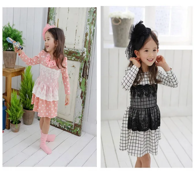 Girl Fancy Fashion Long Sleeve Plaid Or Dot Lace Wedding Dress In Best Price