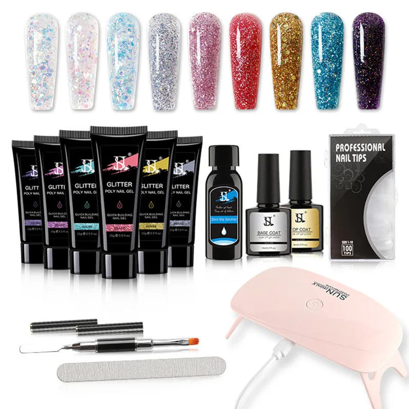 OMG 15 colors Nail Extension Gel Glue Brush Lamp Kits Private Label New Beginners Extensions Uv Glitter  Nails DIY Set