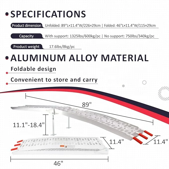 Aluminum Folding Ramps ATV Loading Ramps for Pickup Truck, Motorcycles, Dirt Bikes, Lawnmowers, Snowblower