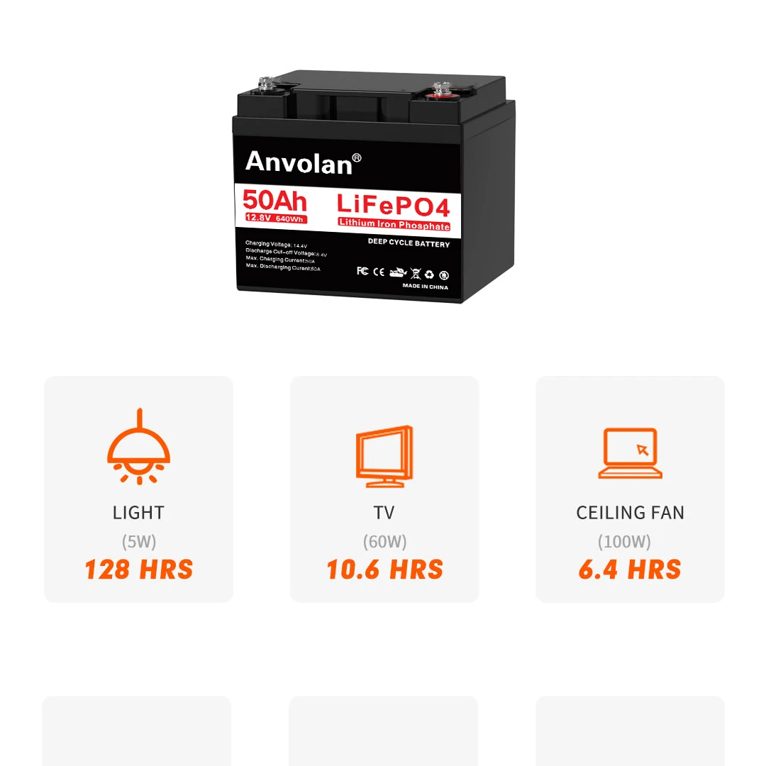 Anvolan Энергии Солнечное хранение ионно-литиевая аккумуляторная батарея 12 8 v 50Ah IP65 водонепроницаемый чехол 50A BMS 640Wh литиевая lifepo4 12v 50ah