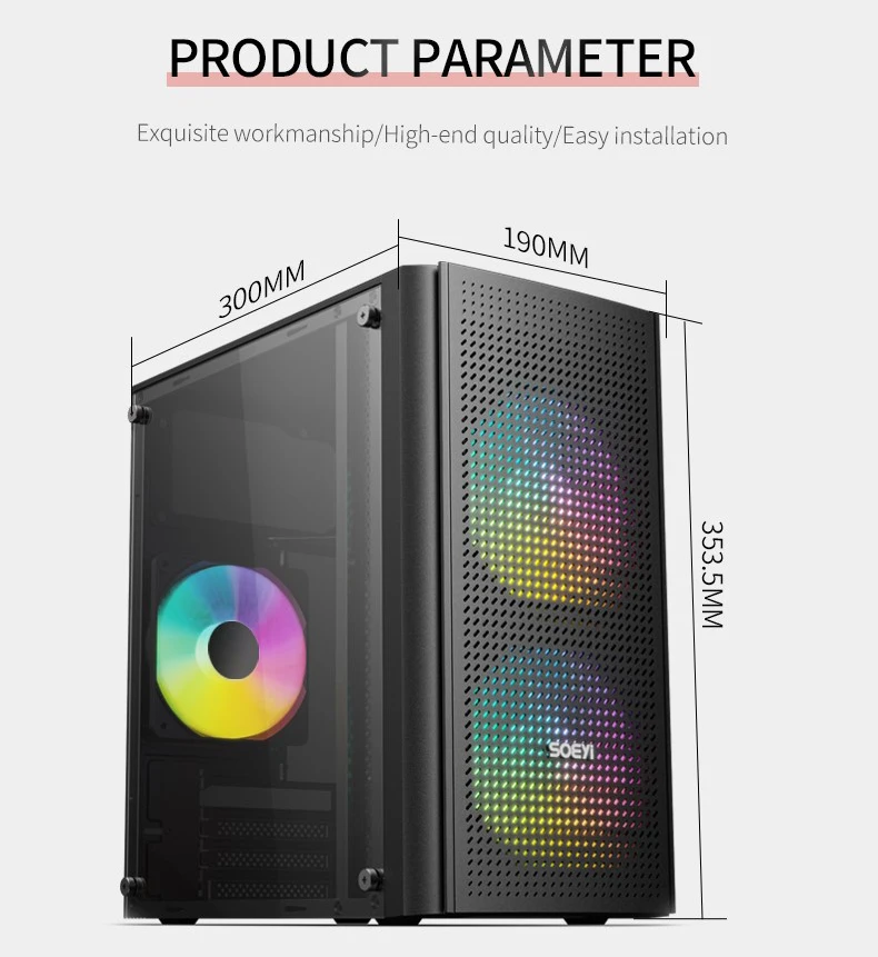 Soeyi Custom Computer PC Case iCUE RGB Mid-Tower Water Cooling Ready White Pink Black Micro ATX PC Case