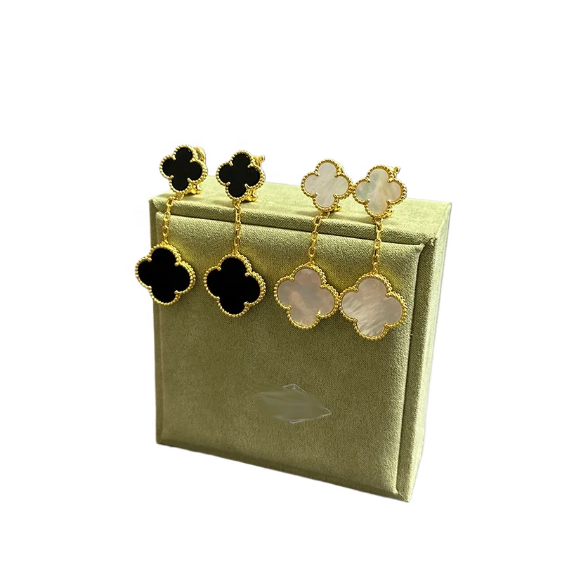 High quality s925 sterling silver 18K gold rose gold leaf two flower earrings women onyx mother ear clips factory wholesale