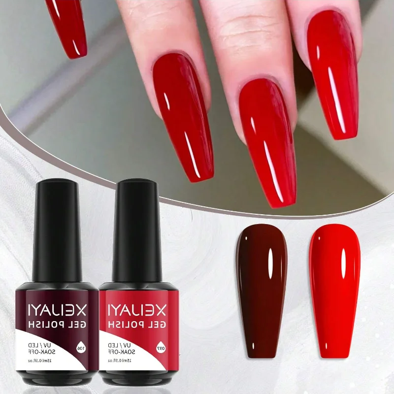 XEIJAYI 2Pcs Red Gel Nail Polish Set Light Deep Red Gel Polish Soak Off LED Set Nail Art Starter Manicure Salon DIY at Home