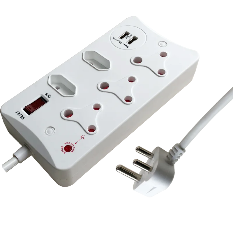 
5 way South African type surge protected power strip with USB Multiple sockets 