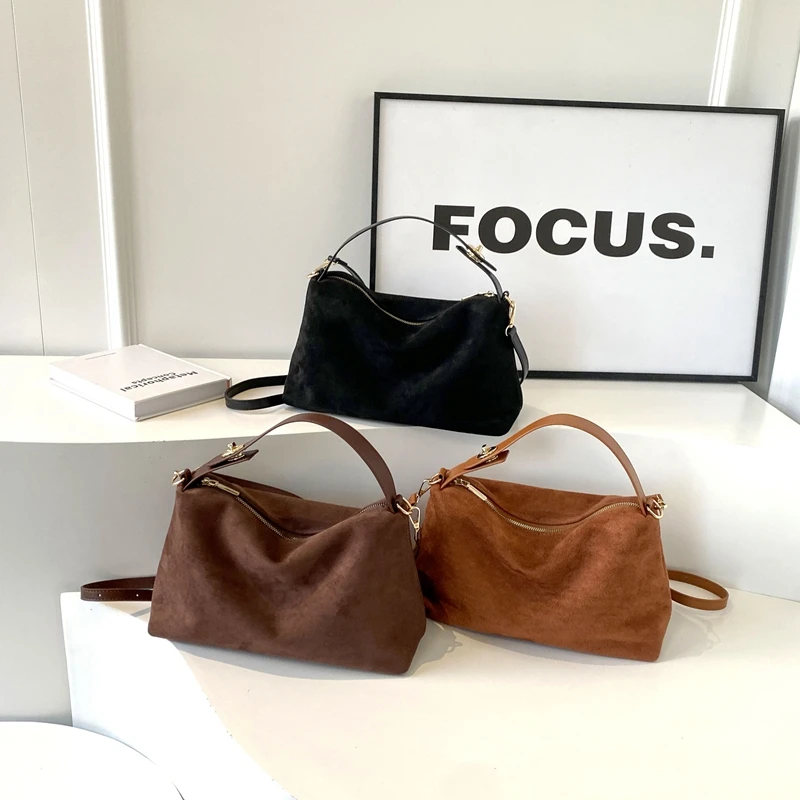 New Frosted Cow Hide Large Capacity Handbag for Women Casual Simple Suede Genuine Leather Shoulder Bag Trendy Lady Crossbody Bag
