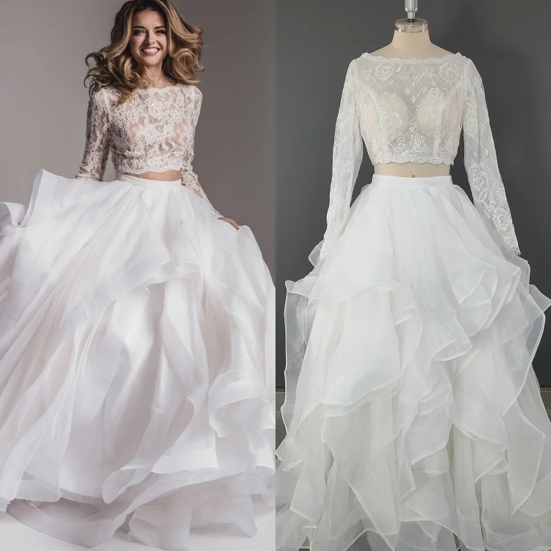 11627# Real Photos Long Sleeve Two Piece Lace O-Neck Beach Illusion Tiered Wedding Dress Wedding Dress Bridal Gown For Women