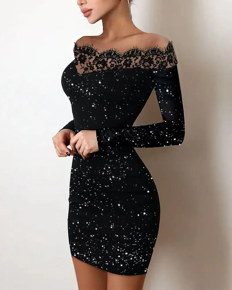 Long sleeve lace Crop Top silver powder dresses Off Shoulder Contrast Lace Glitter Bodycon Dress