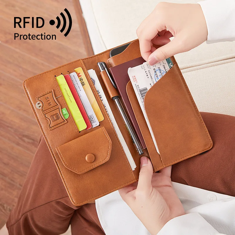 Business Travel Documents Organizer RFID Blocking Card Case Phone Passport Holder PU Leather Travel Passport Wallet