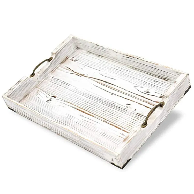 Distressed White Farmhouse Durable Solid Pine Wood Serving Trays and Platters
