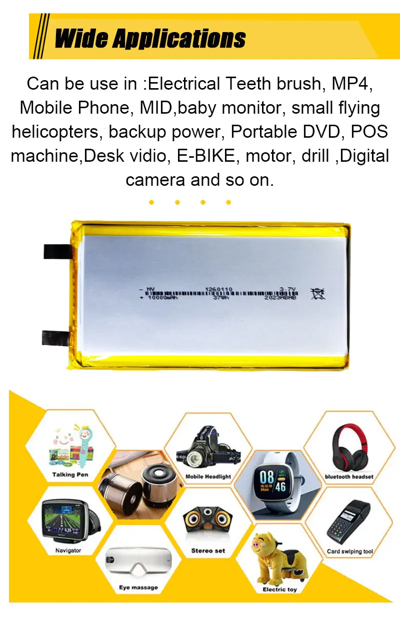 High Power Capacity Rechargeable 1260110 3.7V 10000mAh Lipo Battery Lithium Polymer Battery for Power Bank