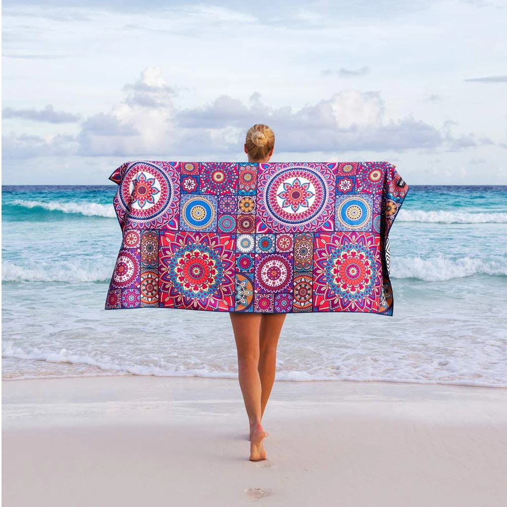 Eco-friendly two side print micro fibre tassle beach towels waffle custom bulk
