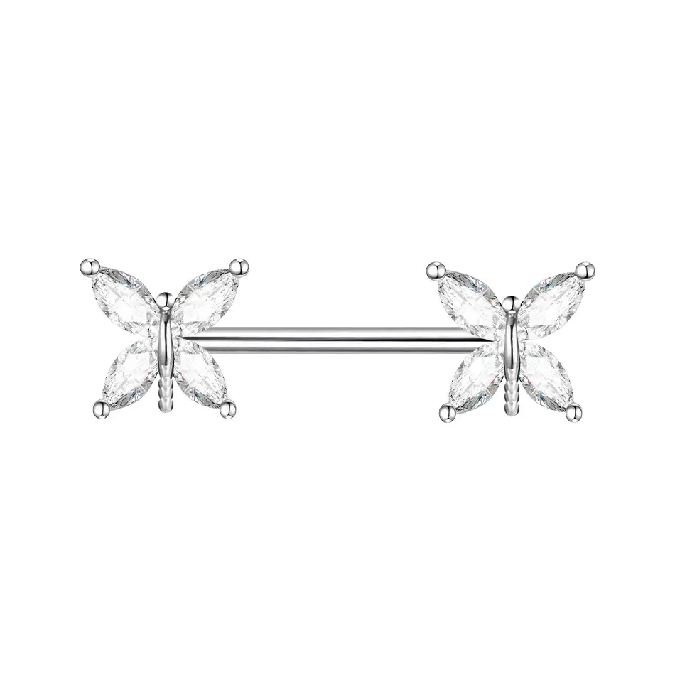 316L Butterfly Crystal Nipple Rings Nipple Piercing Tongue Rings 14G Straight Barbell Surgical Steel for Women Nipple Piercing