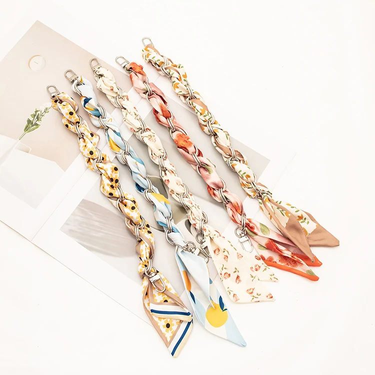 YN 34cm Silk Scarf Metal Purse Chain Strap with Double Buckles Handbag Handle Replacement Elegant Bag Decoration for Ladies Bag